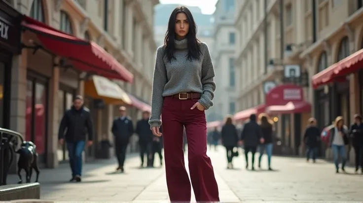 Ultra-realistic full-length photo: 1.3. Front view from afar full-length: (full-length body image: 1.3), ((( Full-length image of a young very beautiful woman 35 years old business lady like Monica Bellucci in burgundy loose ultra-wide jeans with a high wa...