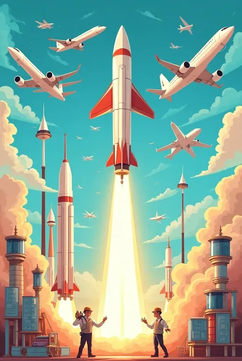 Design a humorous poster that highlights the importance of quality in aerospace engineering. Include quirky illustrations of airplanes, rockets, and engineers with funny captions. 