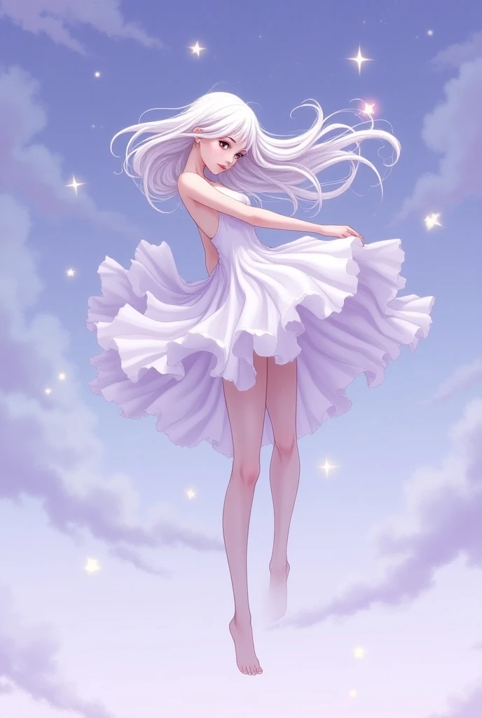 Create an anime-style image of a woman standing on her back with beautiful long white hair against a light purple starry sky background 