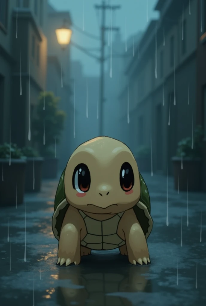 Anime image: turtle with big eyes walking cuddly in the rain on a cold night