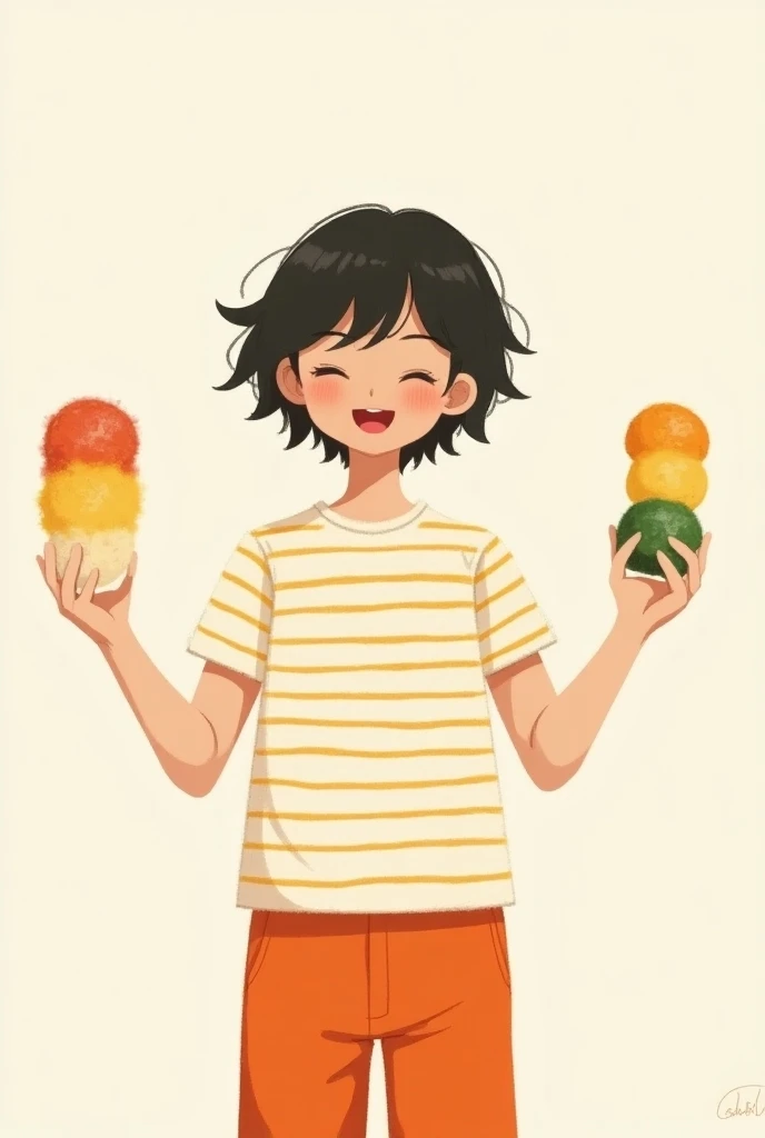 Im about to eat wormwood mochi, but 、On the right、 Im laughing while holding three-colored dango 、 Im wearing a striped t-shirt and orange pants