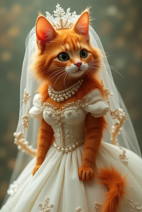 "A red-colored cat dressed like a bride, with long flowing hair, standing in a bridal pose. The cat is adorned with traditional bridal attire and accessories, giving it the look of a bride. The background is simple, allowing the cat’s bridal appearance to ...