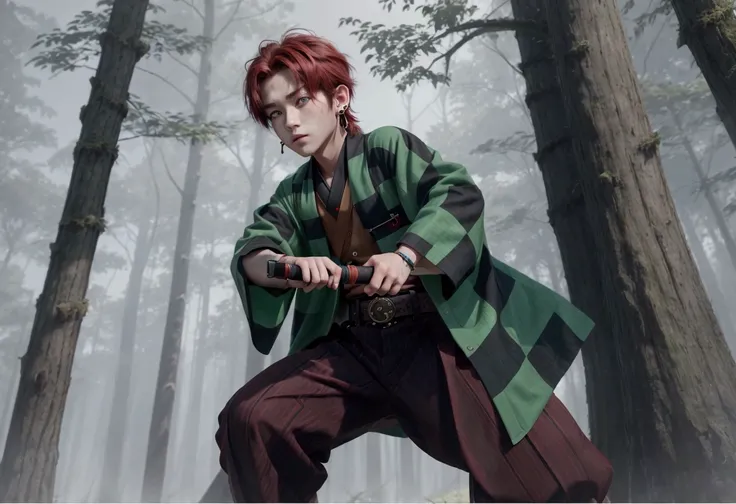   boy with ear rings and  brown red slack back hair with a red scar on the left side of the forehead  with green and black checker kimono and black shirt and black pants and white belt holding a black sword with his right hand and a  black sheath with his ...