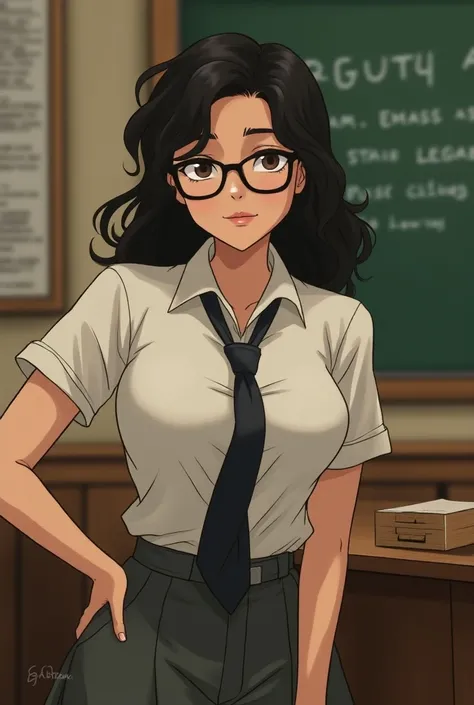 Sexy nerdy schoolgirl with body like a porn star wearing a tight shirt and tie and glasses in a classroom in the animation style of studio ghibli 