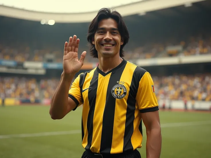 A clean-shaven 35-year-old Bolivian soccer player (((masculine))) high, ((smiling subtly)) (white skin) y of  ((dark straight hair that covers the forehead)), 80s style, wearing específicamente una [[Peñarol team shirt]] who has  (((vertical stripes))) 4 y...