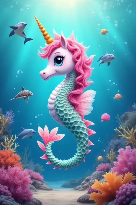  Generate image: Pearlina, Seahorse Unicorn Seapony, with friends, including dolphins and sea turtles, with happy expression, shimmering scales, seashells, and ocean flowers, on a vibrant coral reef background with swimming fish, with bubbles rising, in 19...