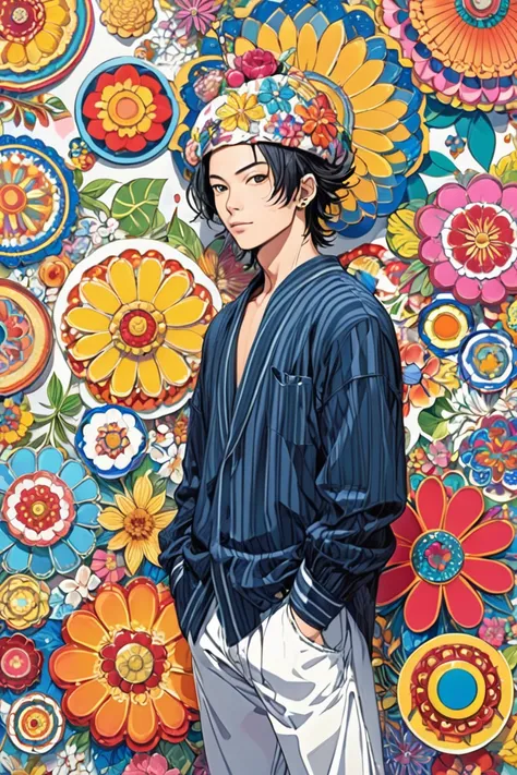 Picture of a person with a flower on his head , style of yoshitaka amano, Tsutomu Nihei style, Akira art style, Hiro Yamagata, Tsutomu Nihei art, Decora style illustration ,  mixed style by Tsutomu Nihei , Yoshitaka Amano Style,  wearing loose clothes