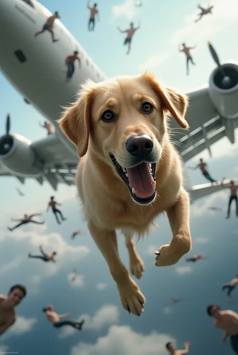  A Labrador dog falling from a plane that is splitting in two and people are also falling.