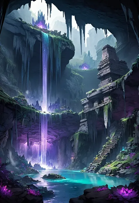 Underworld ,  Amethyst Giant Underground Cavity, underground ruins, Underground Lake, Underground Falls , 4K,  Digital 2D Art ,  Detailed and High Definition 