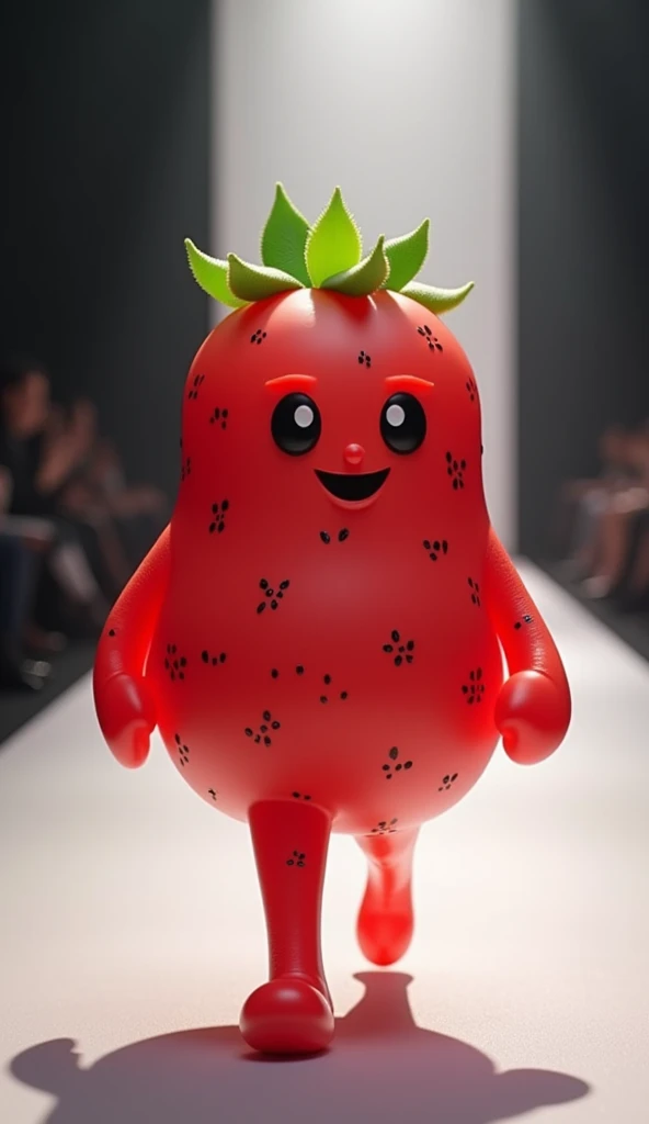 A red slime with little strawberry seeds, large round eyes, and a leafy hair tuft, smiling brightly as it walks down the runway.
