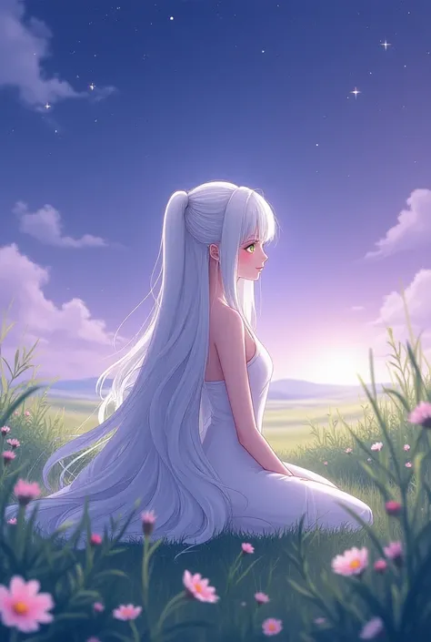 Create an anime-style image of a woman sitting on a meadow with her back with beautiful long white hair against a light purple starry sky background 