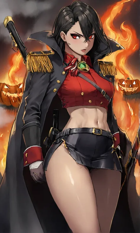 A demon (head of a flaming Jack-O-Lantern, body of a sexy woman, sexy revolutionary war outfit for the colonials (long storm cloak, soldier themed crop top, soldier themed mini skirt), musket on strap slung over shoulder, knee high revolutionary boots, evi...