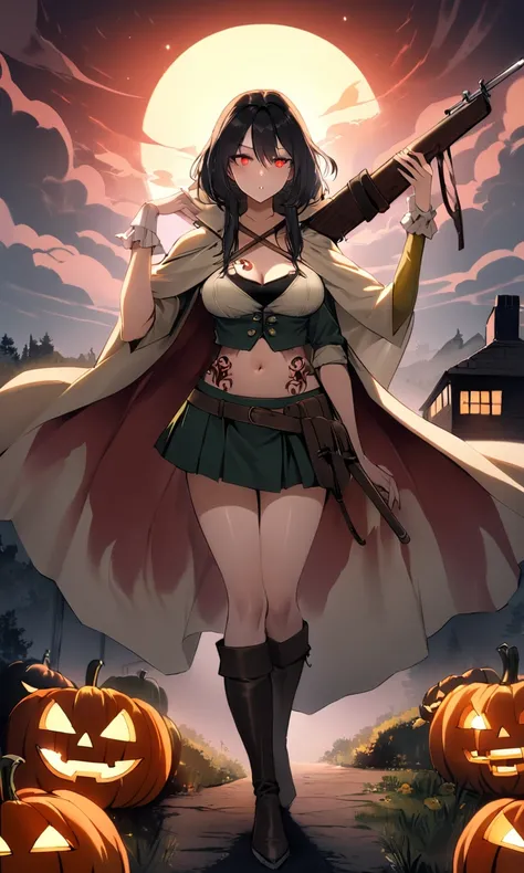 A demon (head of a flaming Jack-O-Lantern, body of a sexy woman, sexy revolutionary war outfit for the colonials (long storm cloak, soldier themed crop top, soldier themed mini skirt), musket on strap slung over shoulder, knee high revolutionary boots, evi...