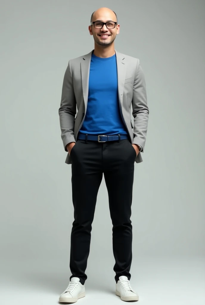 A young man, bald, with glasses,  wearing a well-fitting blue t-shirt, matching belt , light gray blazer open over the top ,  black tight pants and white sneakers. Formal presentation look 