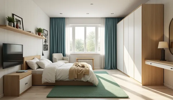  Room bedroom with three-door wardrobe  ( wood case beige -light , White doors),  soft double bed light beige,  white wallpaper and light beige linoleum ,  blue curtains , big TV,  cosmetic table with mirror , armchair-chair ,  green carpet ,  shelves ligh...