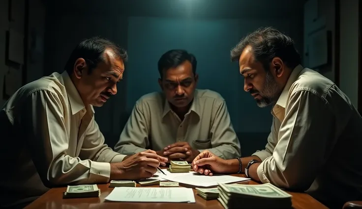 The Plot of Greed**
- **Scene:** A dimly lit room where two local businessmen (Manoj and Vinod) are sitting with the village head. They are conspiring, with documents and money on the table. Their expressions are sly and calculating, as they plan to take a...