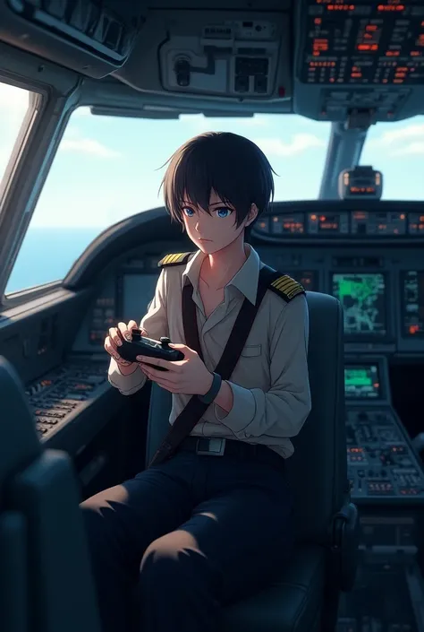 Make In A Cockpit Of Plane, One Pilot Holding a controller of arcade game , his expresions is thinking and determinding something , make it in 3D realistic anime view , 1080HD , chromatic cinema , 4K , High Qualtity Resolution 