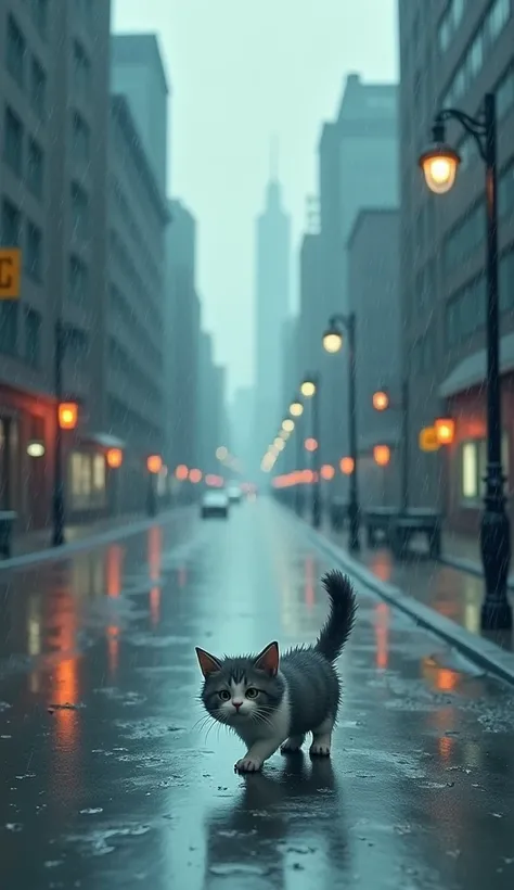 Animated A stray cute cat slowly walks through the empty streets of a city, the rain starting to fall, making her fur wet. Her head is low as she trudges forward.