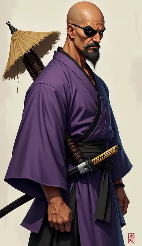 A completely bald ronin with brown skin, eye patch, goatee, a malevolent countenance, a Chinese straw hat on the back, two katana on the waist, purple kimono with black details and a gourd at the waist