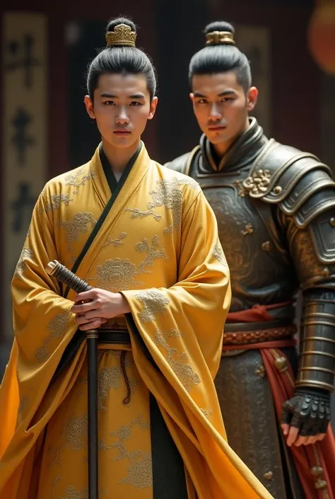 Ancient Young handsome male emperor and ancient young, strong and handsome male general, the emperor wears golden gown, the general wears armor, both are western faces with chinese ancient clothes, the emperor stays ahead and the general is a step behind, ...