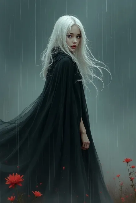 1 girl,Alone,1 girl,Alone,((beautiful detailed eyes)), (detailed light),depth of field,( white hair ),silver eyes, hair over one eye ,(red flower ), by the flower,long hair,black cape,wet,without emotions, looking back,Evening,star shower,It is raining,fog...