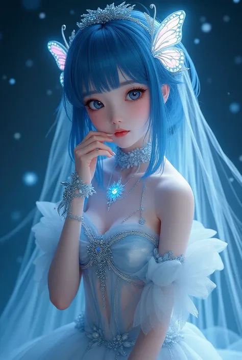 สาวเอเชียอายุ 18 ปี,  A person dressed in a fantasy, ethereal outfit with a futuristic and celestial theme. They have striking blue hair and large eyes, with makeup giving a soft yet expressive appearance. Their attire includes a semi-transparent, silver a...