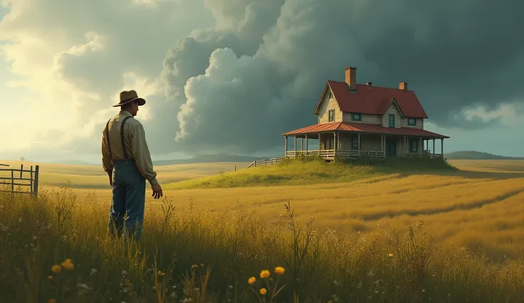 Farmer’s House Surviving: After the storm, the farmers house stands strong, surrounded by undamaged fields. The farmer looks relieved and thankful, with a peaceful expression.
