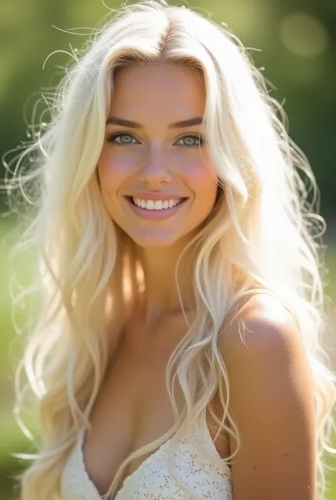 She is slender, with long, wavy white hair that shimmers in the sun. She has clear blue eyes surrounded by thick eyelashes and soft, porcelain skin.She radiates natural charm and lightness, creating a feeling of joy and warmth around her. no cmile