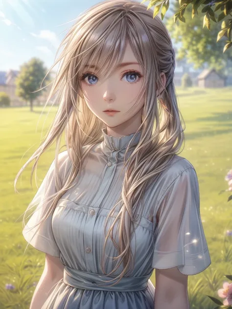 A beautiful young girl in a neatly tied apron, hanging colorful laundry on a clothesline under the bright morning sun. The scene takes place in a tranquil garden with lush green grass, vibrant flowers, and a clear blue sky dotted with a few soft clouds. Wa...