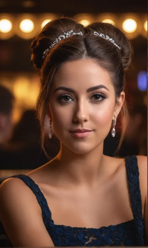 portrait photo of BrittBaker beautiful woman hair updo upsweep nightclub sitting at bar (masterpiece) (best quality) (detailed) (8k) (HDR) (wallpaper) (cinematic lighting) (sharp focus) (intricate) 