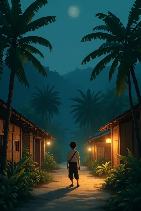 "A quiet village nestled in a dense forest, without electricity, only illuminated by the soft glow of lanterns. The houses are simple and made of wood, surrounded by tall banana trees (tani trees). Kaew, a young man in simple rural clothing, stands confide...