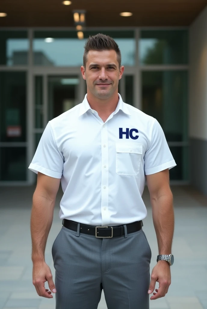 Strong doorman wearing short white dress shirt with HC written in dark blue on the left side and gray dress pants with short, strong and tall hair in front of the emergency room of a large and modern hospital, Without watch 