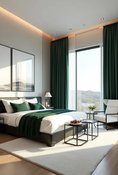 Professional 3d architecture  perspective rendering design of modern and minimal and high tech design for elegant bedroom with modern windows and white and dark green curtains and wooden laminate and elegant and modern white bed with dark green blanket and...