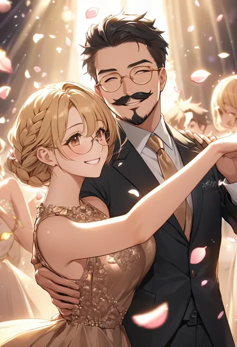 a couple,  35-year-old man ,  27-year-old woman , light skin, in anime style, dancing together at a romantic party.  The man has a rounder face , short black hair, seeds, combed back, short full beard , moustache, Athletic Milieu, The same height as the wo...