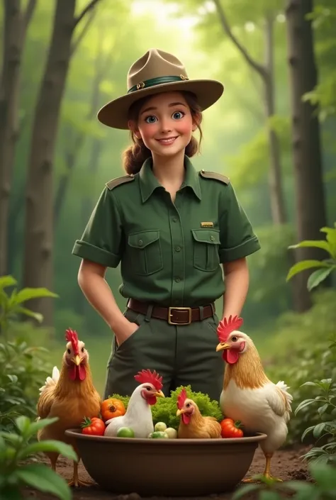 Image with the Chroma Key background of a park ranger in dark green clothes smiling looking at a bowl with chickens and vegetables