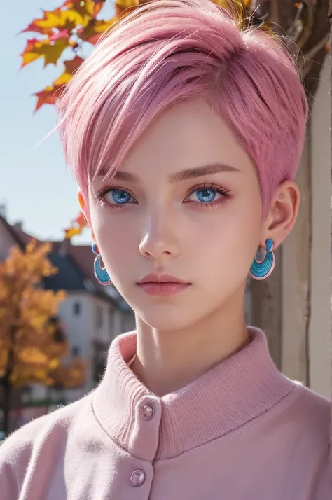  1 male, thin, young,Detailed eyes and face,  fade cut, Pink Hair,blue eyes,autumn, earrings