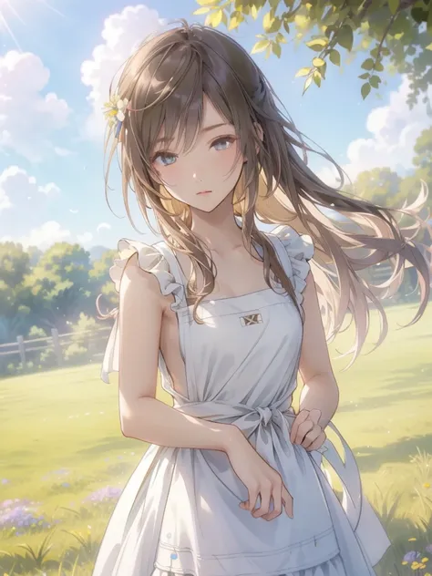 A beautiful young girl in a neatly tied apron, hanging colorful laundry on a clothesline under the bright morning sun. The scene takes place in a tranquil garden with lush green grass, vibrant flowers, and a clear blue sky dotted with a few soft clouds. Wa...