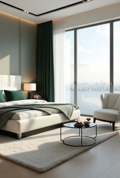 Professional 3d architecture  perspective rendering design of modern and minimal and high tech design for elegant bedroom with modern windows and white and dark green curtains and wooden laminate and elegant and modern  luxurious white bed with dark green ...