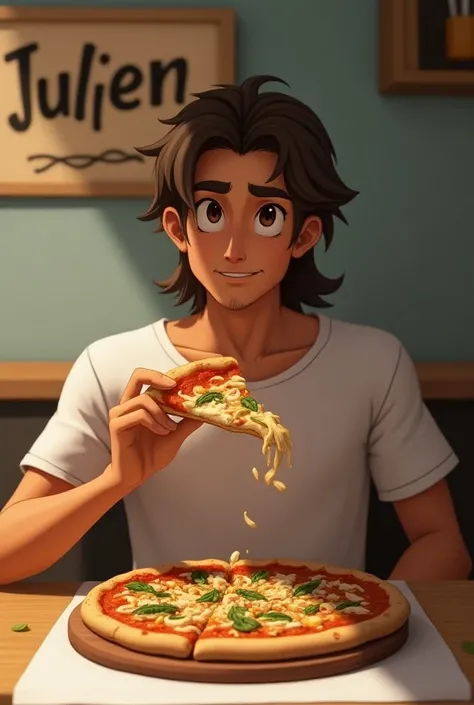 Man with long brown hair tied up eating chicken pizza with Julien sign