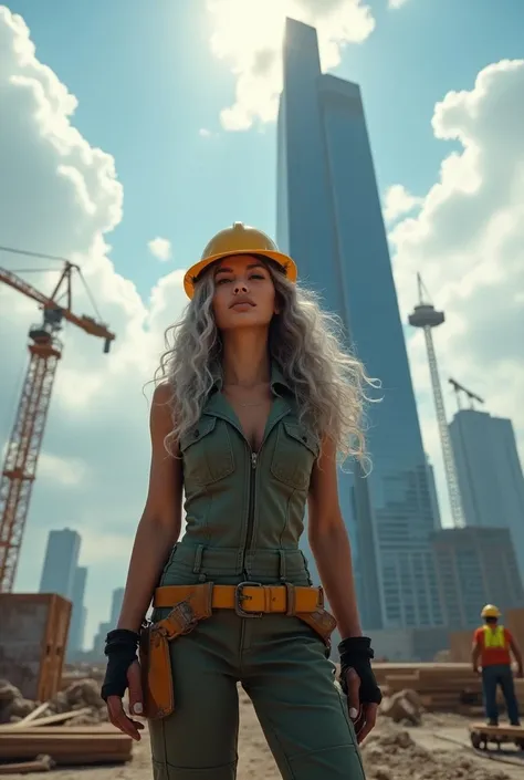 A sexy still youthful looking Selena Gomez  as a 50 years old with long curly gray hair as a construction worker Building a skyscraper 