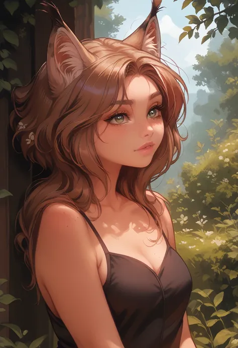 a beautiful woman, adult, lynx ears, lynx eyes, a lynx tail, clothes, detailed, light and shadow, freckles