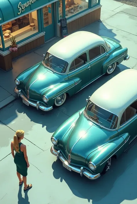 Birds Eye View 
2020 vehicles drawn in the 1940s　FUTURE RETRO DESIGN 　 Streamlined semicircular roof window 　The body of the vehicle is silver chrome plated to reflect the surrounding background　 Americas Future Diners Cafe sign 　 bluish image showing its ...