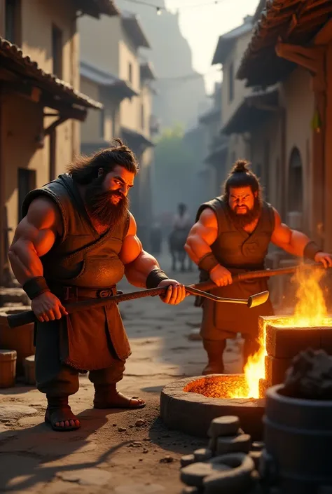 Image of blacksmiths from biblical times at work.disney pixar style