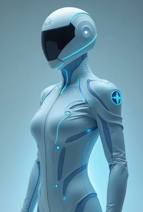  A white and blue suit with caducean badges  (Symbol of medicine ) On the shoulders.  The suit emits an aura of healing energy light and has details that resemble a heartbeat..