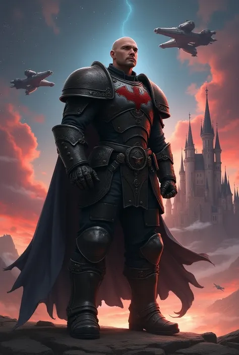 man. legs with boots. with armor. calvo. Without Beard.  The background of the portrait is a fantastic castle, with spaceships. The sky has stars and big red clouds . Warhammer 40000 art and design.