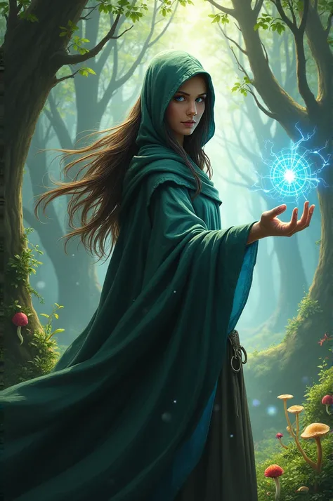 I want to create the image of a , elf, magician with a cloak, very long dark brown hair with golden highlights, with big blue eyes, a magic wand in an enchanted forest. 