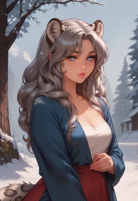 a beautiful woman, adult, snow leopard ears, snow leopard eyes, a snow leopard tail, clothes, detailed, light and shadow,