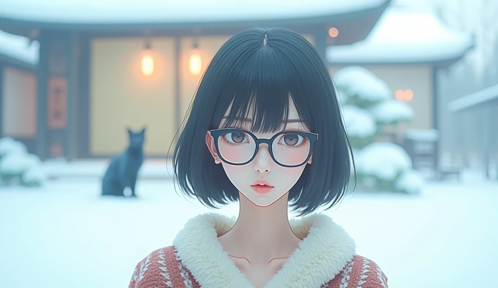 Majestic Japanese woman with short bob hair,Music album cover style, sweater, latest fashionable glasses, Japanese style room, Kotatsu, Black Cat, 