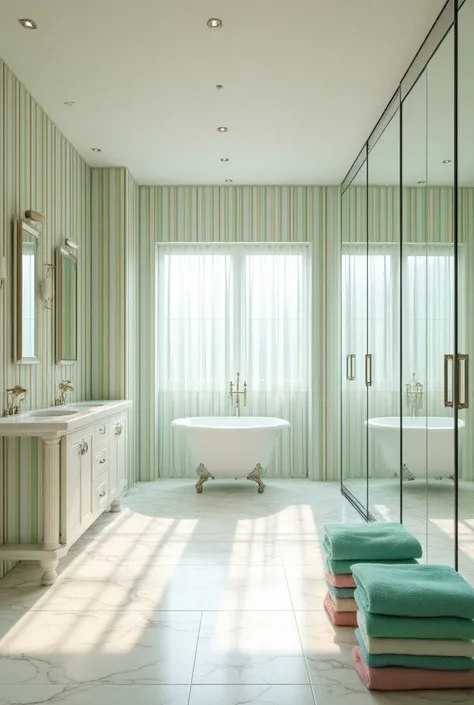 There is a walk-in closet on both sides and a bathroom in the middle. The entire wall is made of glass, so even if we dont go in, we can see the long sink and baby bath tubs from where we are standing. Striped wallpaper design in different colors. There ar...