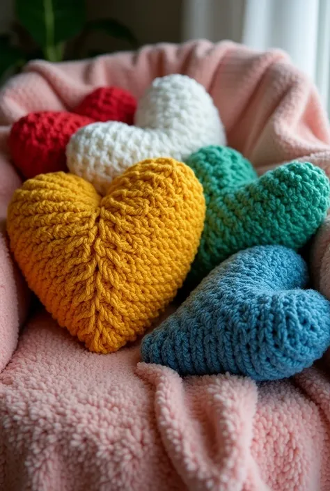 Heart-shaped crochet cushions with hollow crochet stitches in red, white, yellow, green and blue, each one in one color.